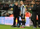 NEWCASTLE UPON TYNE, ENGLAND - DECEMBER 20: Newcastle United Manager, Eddie Howe gives Jonjo Shelvey instructions from the side lines during the Carabao Cup Fourth Round match between Newcastle United and AFC Bournemouth at St James' Park on December 20, 2022 in Newcastle upon Tyne, England. (Photo by Stu Forster/Getty Images)