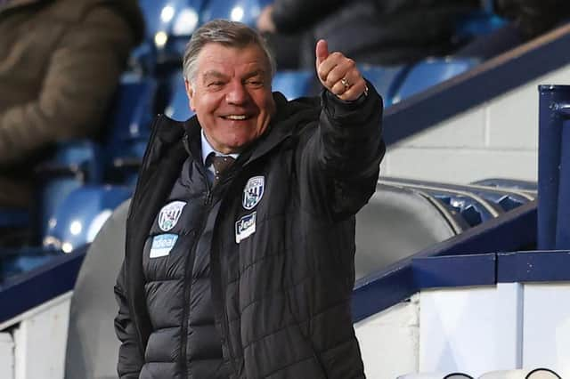 West Bromwich Albion's English head coach Sam Allardyce gestures during the English Premier League football match between West Bromwich Albion and Southampton at The Hawthorns stadium in West Bromwich, central England, on April 12, 2021.