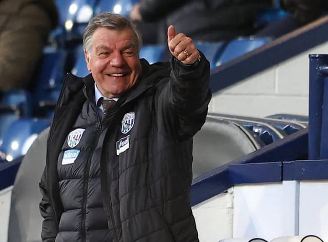 West Bromwich Albion's English head coach Sam Allardyce gestures during the English Premier League football match between West Bromwich Albion and Southampton at The Hawthorns stadium in West Bromwich, central England, on April 12, 2021.