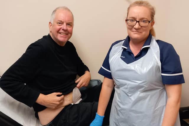 Ed Waugh with Amanda Logan, coloplast clinical nurse specialist at the South Tyneside and Sunderland NHS Foundation Trust.