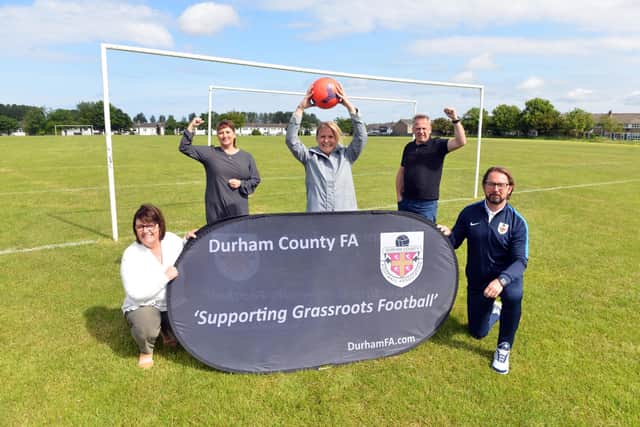 Hedworthfield CA receive football pitches improvement grant. From left manager Christine Green, chair Cllr Geraldine Kilgour, manager Jill Charlton, director Kev Brydon and FA Football Foundation Chris Hutchinson.