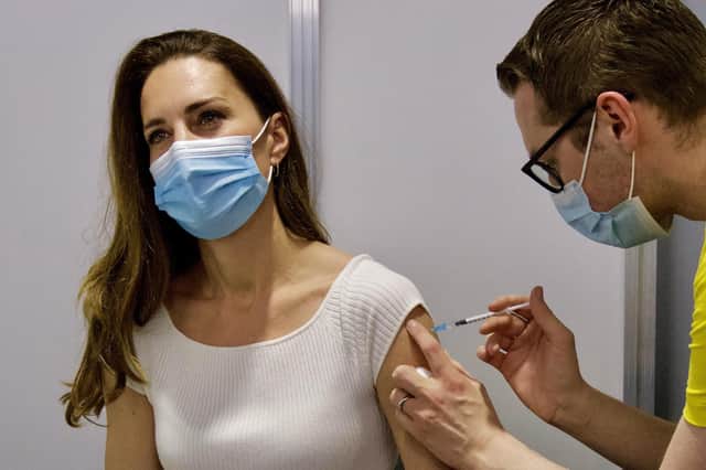 Picture tweeted by the Duke and Duchess of Cambridge showing the Duchess receiving her coronavirus vaccine on Friday at London's Science Museum. Issue date: Saturday May 29, 2021. Copyright: Duke and Duchess of Cambridge.