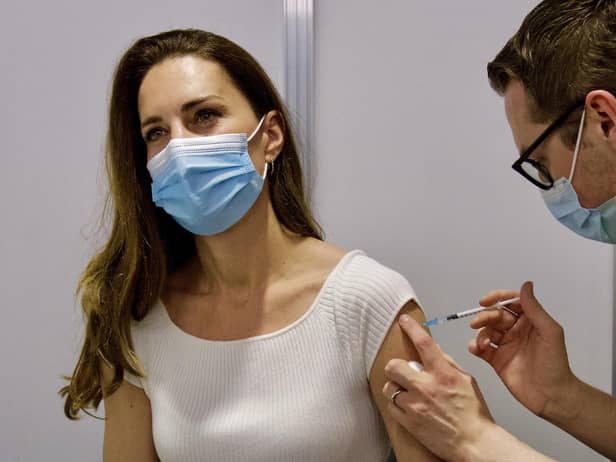 Picture tweeted by the Duke and Duchess of Cambridge showing the Duchess receiving her coronavirus vaccine on Friday at London's Science Museum. Issue date: Saturday May 29, 2021. Copyright: Duke and Duchess of Cambridge.