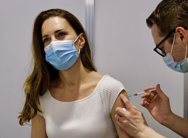Picture tweeted by the Duke and Duchess of Cambridge showing the Duchess receiving her coronavirus vaccine on Friday at London's Science Museum. Issue date: Saturday May 29, 2021. Copyright: Duke and Duchess of Cambridge.