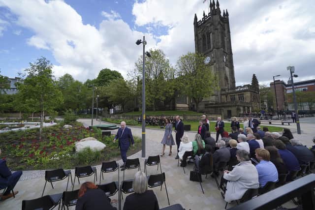 MANCHESTER, UNITED KINGDOM - MAY 10: Prince William, Duke of Cambridge and his wife Catherine, Duchess Of Cambridge are shown to their seats as they arrive to attend the launch of the Glade of Light Memorial, outside Manchester Cathedral on May 10, 2022 in Manchester, England.  The Glade of Light Memorial commemorates the victims of the terrorist attack that took place after an Ariana Grande concert at Manchester Arena on May 22, 2017.  (Photo by Jon Super-WPA Pool/Getty Images)