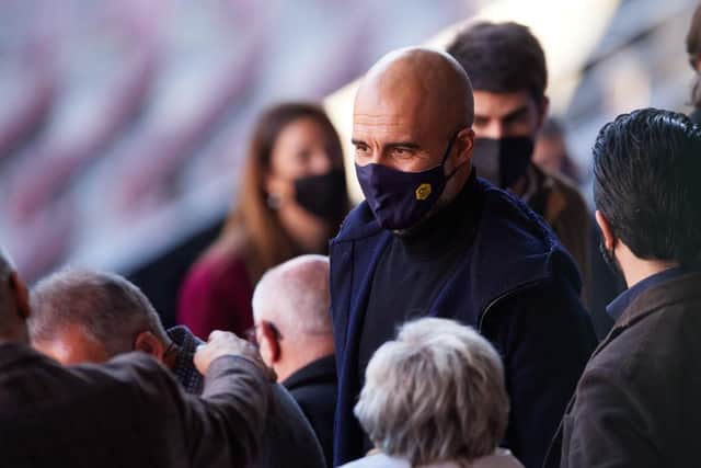 Pep Guardiola, Manager arrives at a press conference in Barcelona in which Sergio Aguero announced his retirement from football this week.