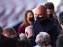 Pep Guardiola, Manager arrives at a press conference in Barcelona in which Sergio Aguero announced his retirement from football this week.
