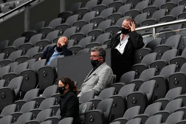 NEWCASTLE UPON TYNE, ENGLAND - SEPTEMBER 20: Mike Ashley, Owner of Newcastle United looks dejected following his team's defeat in the Premier League match between Newcastle United and Brighton & Hove Albion at St. James Park on September 20, 2020 in Newcastle upon Tyne, England. (Photo by Lee Smith - Pool/Getty Images)