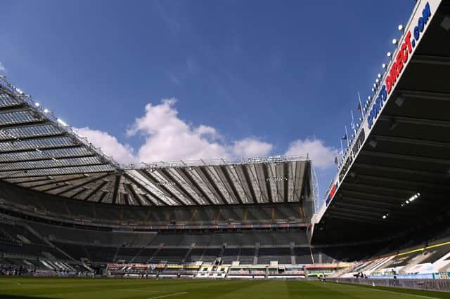 A general view of St James' Park during the Premier League match between Newcastle United and West Ham United at St. James Park on April 17, 2021 in Newcastle upon Tyne, England.