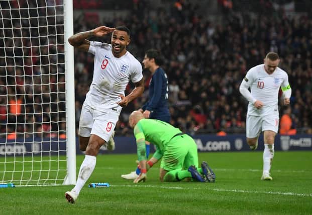 LONDON, ENGLAND - NOVEMBER 15: Callum Wilson of England celebrates after scoring during the International Friendly match between England and United States at Wembley Stadium on November 15, 2018 in London, United Kingdom. (Photo by Shaun Botterill/Getty Images)