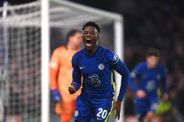 Callum Hudson-Odoi of Chelsea celebrates after scoring against Juventus at Stamford Bridge (Photo by Mike Hewitt/Getty Images)