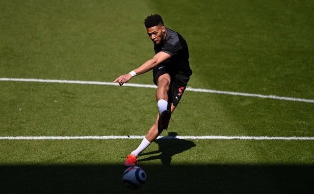Newcastle striker Joelinton during shooting practice during the warm up before the Premier League match between Newcastle United and West Ham United at St. James Park on April 17, 2021 in Newcastle upon Tyne, England.