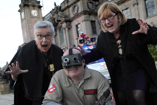 The Mayor Cllr Pat Hay and Mayoress Mrs Jean Copp with Ghostbuster Stan Yanetta, outside South Shields Town Hall.