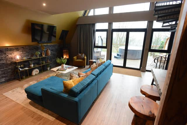 The living room at The Pheasant, one of four new A-frame treehouses at Ramside Hall