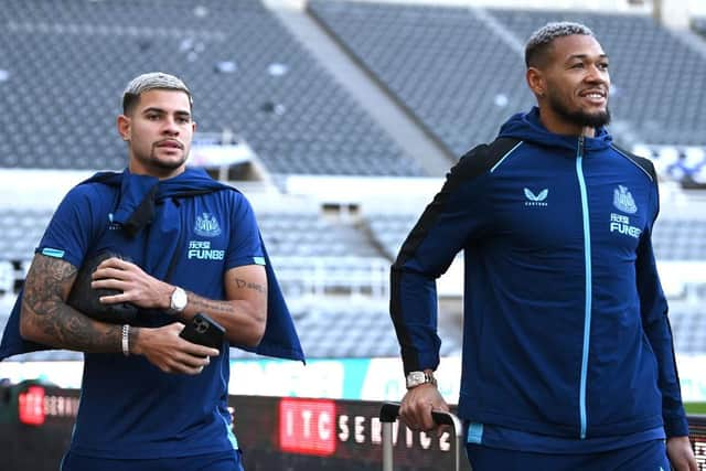 Newcastle players Bruno Guimaraes (l) and Joelinton arrive prior to the Premier League match between Newcastle United and Chelsea FC at St. James Park on November 12, 2022 in Newcastle upon Tyne, England. (Photo by Stu Forster/Getty Images)