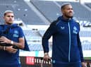 Newcastle players Bruno Guimaraes (l) and Joelinton arrive prior to the Premier League match between Newcastle United and Chelsea FC at St. James Park on November 12, 2022 in Newcastle upon Tyne, England. (Photo by Stu Forster/Getty Images)