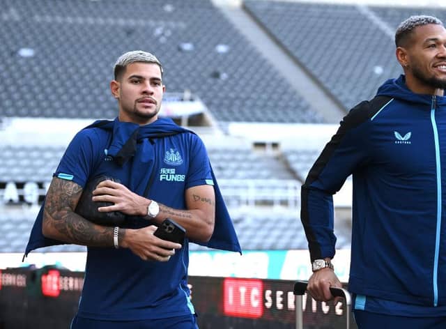 Newcastle players Bruno Guimaraes (l) and Joelinton arrive prior to the Premier League match between Newcastle United and Chelsea FC at St. James Park on November 12, 2022 in Newcastle upon Tyne, England. (Photo by Stu Forster/Getty Images)