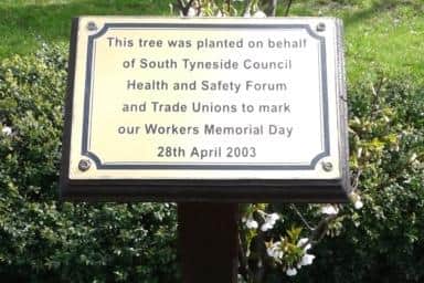 A plaque installed at North Marine Park to mark a previous Workers' Memorial Day in the borough.