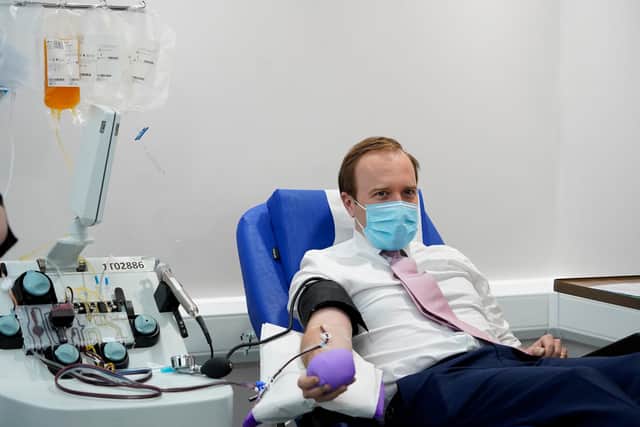 Health Secretary Matt Hancock donating Covid-19 Antibodies in central London, The Health Secretary donates convalescent plasma as part of a trial to see if the antibodies in the plasma from survivors of COVID-19 can be used to treat those currently battling to recover from the virus supporting a range of trials currently underway. Photo: Andrew Parsons/10 Downing Street/Crown Copyright/PA Wire