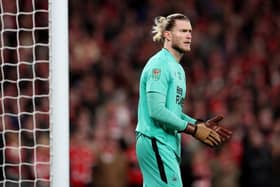 Loris Karius of Newcastle United looks on during the Carabao Cup Final match between Manchester United and Newcastle United at Wembley Stadium on February 26, 2023 in London, England. (Photo by Julian Finney/Getty Images)