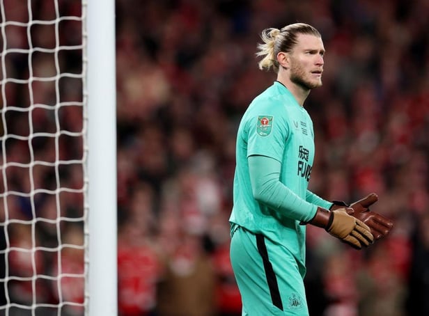 Loris Karius of Newcastle United looks on during the Carabao Cup Final match between Manchester United and Newcastle United at Wembley Stadium on February 26, 2023 in London, England. (Photo by Julian Finney/Getty Images)