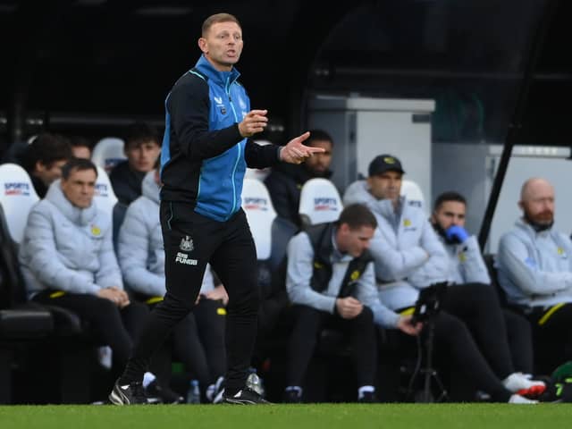 NEWCASTLE UPON TYNE, ENGLAND - OCTOBER 30: Assistant Head Coach Graeme Jones reacts from the technical area during the Premier League match between Newcastle United and Chelsea at St. James Park on October 30, 2021 in Newcastle upon Tyne, England. (Photo by Stu Forster/Getty Images)