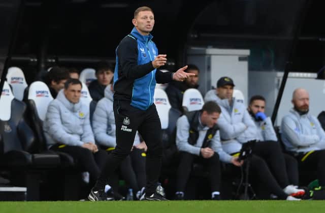 NEWCASTLE UPON TYNE, ENGLAND - OCTOBER 30: Assistant Head Coach Graeme Jones reacts from the technical area during the Premier League match between Newcastle United and Chelsea at St. James Park on October 30, 2021 in Newcastle upon Tyne, England. (Photo by Stu Forster/Getty Images)