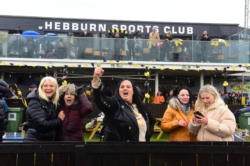Lynn Martin (centre) the mother of winning goal scorer Olly Martin, celebrates with friends at Hebburn Sports Club yesterday.