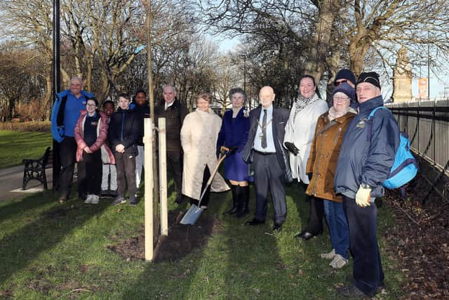 Lord Lieutenant of Tyne and Wear Mrs Susan Whitfield plants a tree in the North Marine Park, South Shields, to commemorate the Queen's Jubilee, with South Tyneside Council Cllr's Tracey Dixon, Ernest Gibson, and Deputy Mayor Cllr Joe Amar.