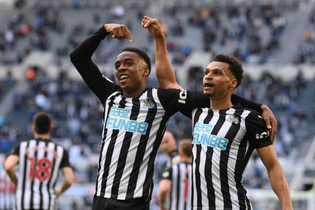 Joe Willock celebrates with Jacob Murphy at Newcastle United. (Photo by Stu Forster/Getty Images)