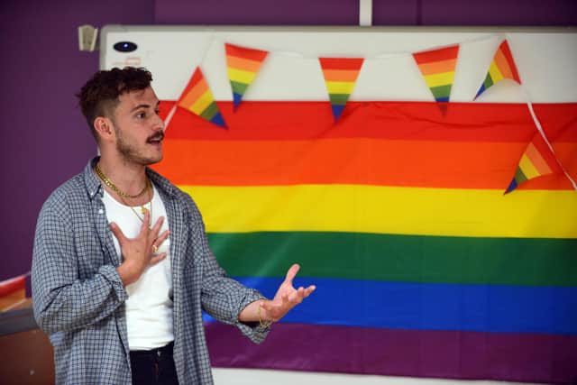 Actor Michael Mather visits Mortimer Community College to host a LGBT Diversity event.