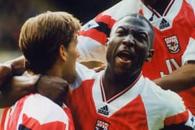 Kevin Campell (right) and Tony Adams of Arsenal FC.  (Photo by Rob Gallagher/Hulton Archive/Getty Images)