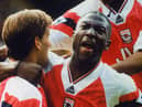 Kevin Campell (right) and Tony Adams of Arsenal FC.  (Photo by Rob Gallagher/Hulton Archive/Getty Images)
