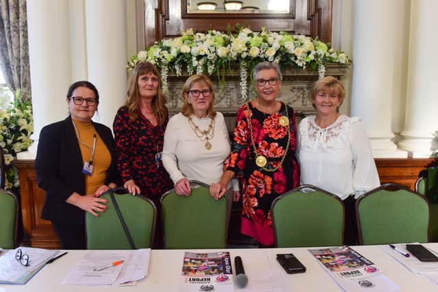 Apna Ghar chairman Dr. Otillia Popescu, project co-ordinator Susan Stephenson, Mayoress Jean Copp, The Mayor of South Tyneside Pat Hay and Tracey Dixon, the leader of South Tyneside Council (left to right) at the group's annual general meeting.