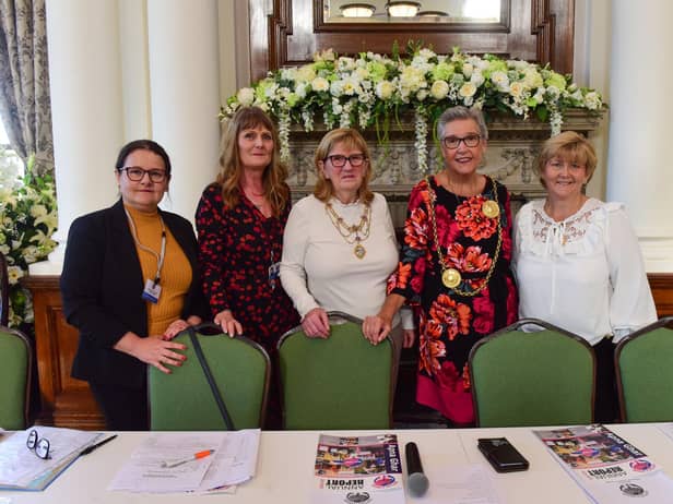 Apna Ghar chairman Dr. Otillia Popescu, project co-ordinator Susan Stephenson, Mayoress Jean Copp, The Mayor of South Tyneside Pat Hay and Tracey Dixon, the leader of South Tyneside Council (left to right) at the group's annual general meeting.