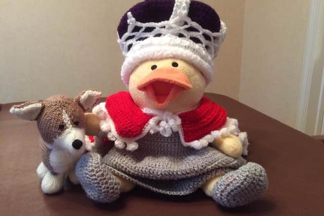 A royal look for one of the Chemo Ducks. Your donation of wool will help to continue making creations like this.