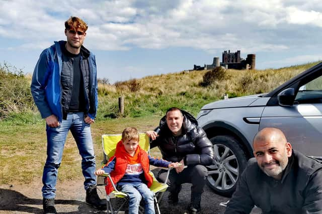 Alfie Lindon meets Top Gear presenters Freddie Flintoff, Paddy McGuinness and Chris Harris at Bamburgh.