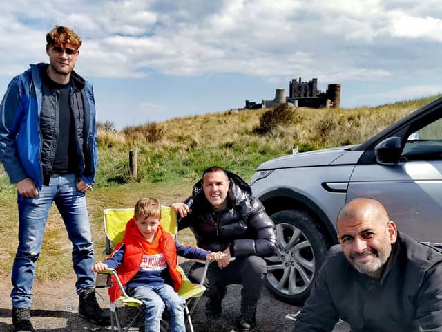 Alfie Lindon meets Top Gear presenters Freddie Flintoff, Paddy McGuinness and Chris Harris at Bamburgh.
