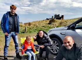 Alfie Lindon meets Top Gear presenters Freddie Flintoff, Paddy McGuinness and Chris Harris at Bamburgh.