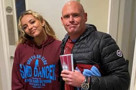Jade Thirlwall pictured with a South Shields FC supporter wearing the Sanddancer sweatshirt.