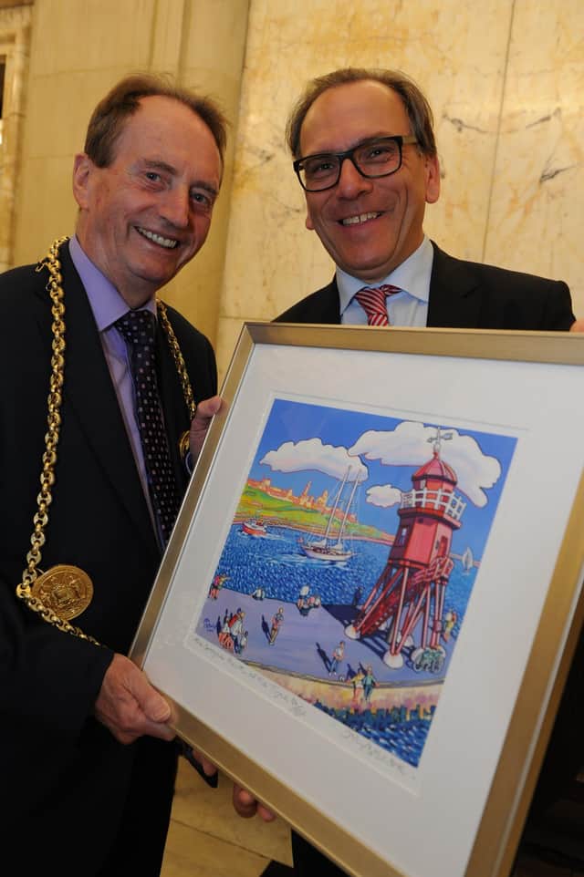The Mayor Coun Alan Smith and Mayoress Coun Moira Smith, with Oberburgermeister Andreas Mucke from Wuppertal, and members of Knapp Daneben, and Salto Vocale, at a Civic Reception held at South Shields Town Hall.