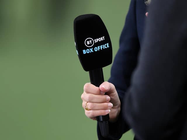 SHEFFIELD, ENGLAND - OCTOBER 18: Detail of view of BT Sport Box Office pay per view television channel microphones during the Premier League match between Sheffield United and Fulham at Bramall Lane on October 18, 2020.
