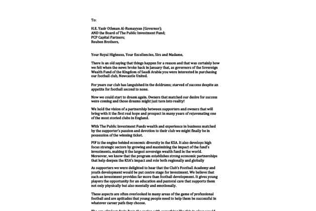 Page one of the Newcastle United supporters' letter to PIF, PCP & the Reuben Brothers.