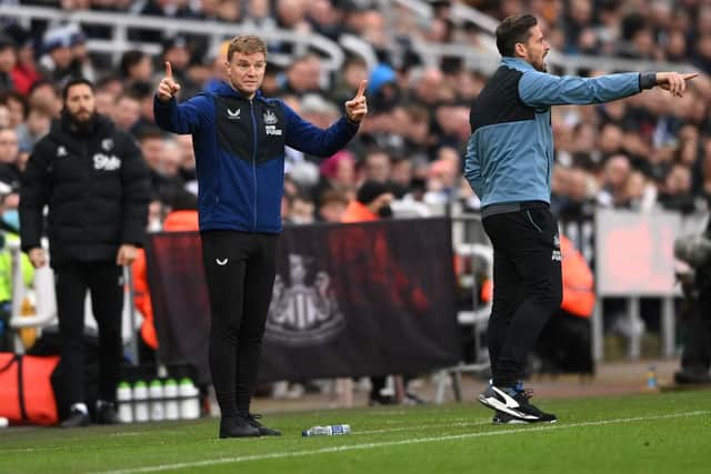 Eddie Howe, Manager of Newcastle United gives their team instructions during the Premier League match between Newcastle United and Watford at St. James Park on January 15, 2022 in Newcastle upon Tyne, England. (Photo by Stu Forster/Getty Images)
