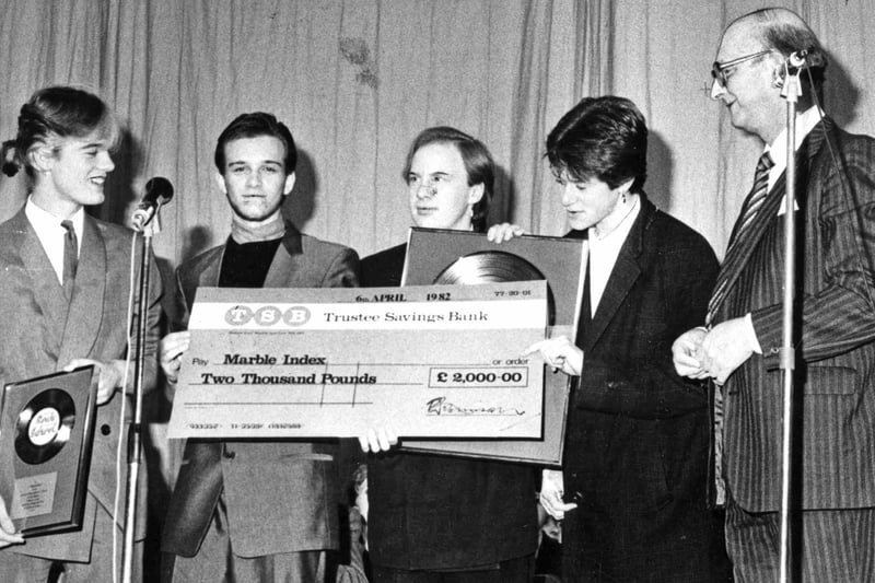 Harton Comprehensive School's pop group Marble Index received trophies and a cheque from Mr Douglas Robinson, general manager of TSB North-East, as their prize for winning the TSB sponsored Rock School competition in conjunction with the BBC. Remember this from 38 years ago?