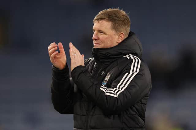 Newcastle United's English head coach Eddie Howe applauds fans on the pitch after the English Premier League football match between Leicester City and Newcastle United at King Power Stadium in Leicester, central England on April 7, 2025. Newcastle won the game 3-0. (Photo by Darren Staples / AFP)