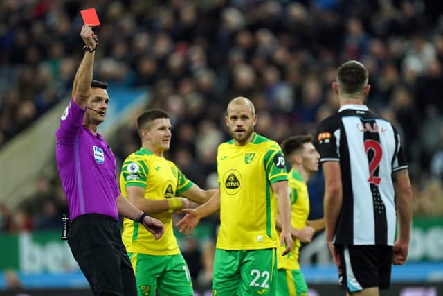 Newcastle United's Ciaran Clark is sent off.