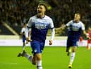 WIGAN, ENGLAND - OCTOBER 11: Nathan Broadhead of Wigan Athletic celebrates after scoring their sides first goal during the Sky Bet Championship between Wigan Athletic and Blackburn Rovers at DW Stadium on October 11, 2022 in Wigan, England. (Photo by Clive Brunskill/Getty Images)