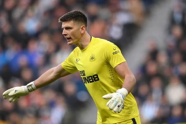 Newcastle United goalkeeper Nick Pope reacts during the Premier League match between Newcastle United and Fulham FC at St. James Park on January 15, 2023 in Newcastle upon Tyne, England. (Photo by Stu Forster/Getty Images)