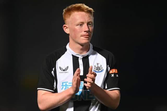 Matty Longstaff of Newcastle in action during the pre-season friendly between Burton Albion and Newcastle United at the Pirelli Stadium on July 30, 2021 in Burton-upon-Trent, England. (Photo by Michael Regan/Getty Images)